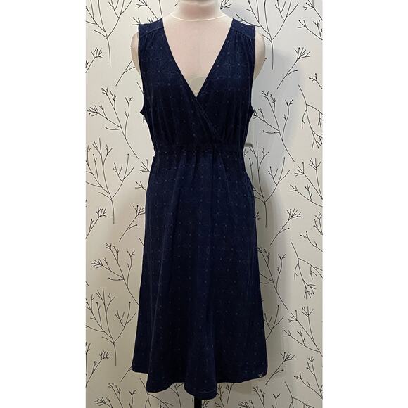 EDDIE BAUER Outdoor Navy Print Surplice Tie Back Midi Dress LARGE 100% Cotton - Picture 2 of 7